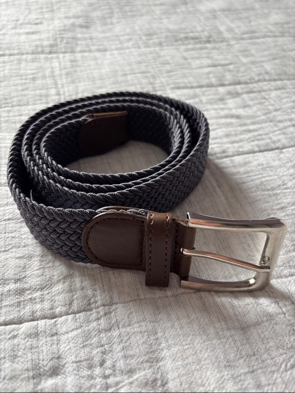 Men’s Gray Belt with Brown Leather Accents and Silver Buckle